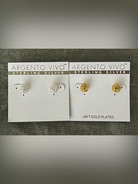 Argento Vivo Sterling Silver and 18KT Gold Plated Knot Stud Earrings Duo Set